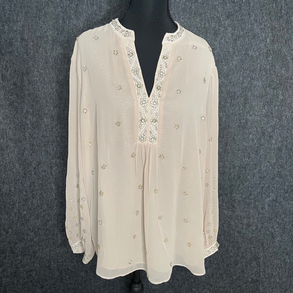 Chicos Beaded Boho Tunic Blouse Beige Champagne Sequin Top Size 3 XL 16/18